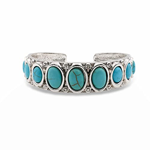 Elosee Estilo occidental turquesa piedra plata tono brazalete abierto pulsera, Metal, Sin gemas.