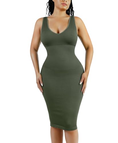 Image of Popilush Tummy Control Dress for Women Shapewear Bodycon Midi Dresses Sleeveless V Neck Summer Party Sundresses