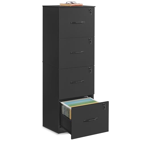 VASAGLE File Cabinet, Filing Cabinet for Home Office, Printer Stand, with 4 Lockable Drawers, Adjustable Hanging Rails, for A4 and Letter-Size Files, Ink Black OFC082B02