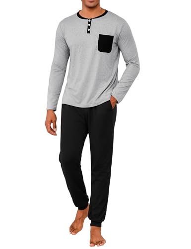 Uniexcosm Pijama de Hombre Largo Invierno Algodon Conjunto de Pijamas 2 Piezas Manga Larga Cuello Redondo Top con Botones y Pantalones Largos Gris XXL