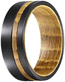 Reclaimed Whiskey Barrel Rings for Men 8mm Black Wedding Band Tungsten and Wood Rings Bourbon Wooden Offset Inlay Comfort Fit Whisky Anniversary Gifts for Him