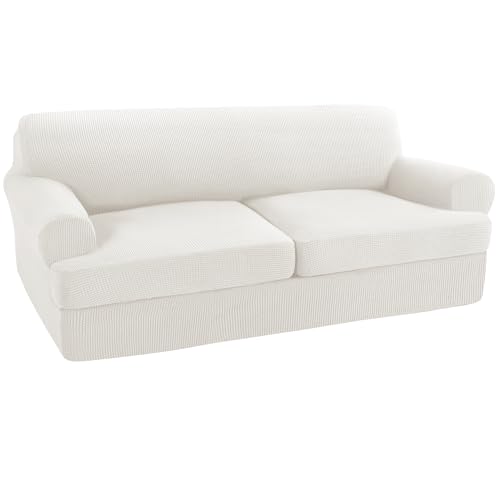 Turquoize 3 Piece T Cushion Sofa Slipcovers Stretch Couch Cover Furniture Covers with 2 Individual T Cushion Covers, Machine Washable (2 Cushion Sofa, Porcelain White)