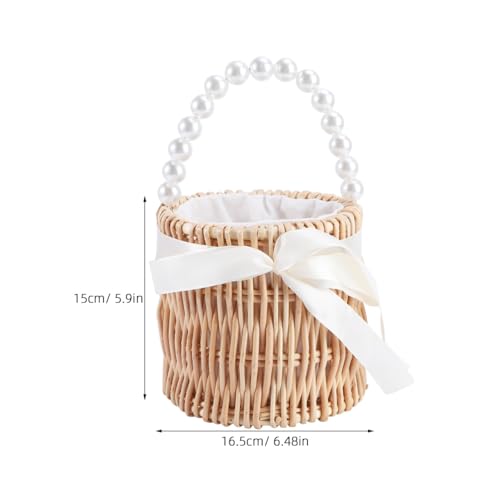 BESTOYARD Round Straw Woven Handbag with Pearl Chain - Stylish Vacation Purse for Parties Beach and Shopping2