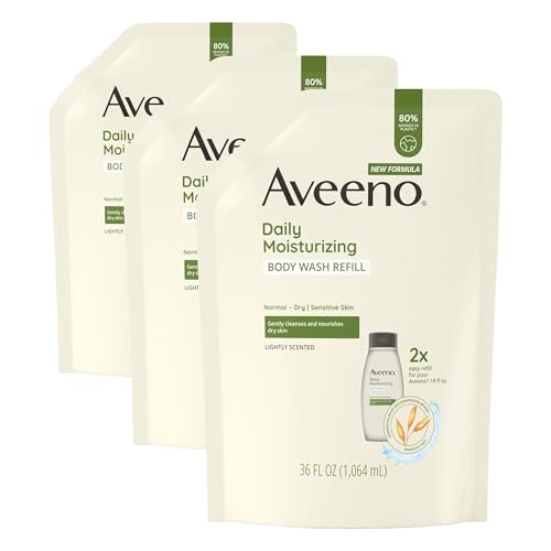 Image of Aveeno Daily Moisturizing Body Wash for Sensitive Skin + Prebiotic Oat, Gently Cleanses, Nourishes & Feels Moisturizing Dry Skin, Light Fragrance, Refill Pouch, 36 fl. oz (Pack of 3)