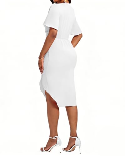 Image of Women's Wrap V Neck Asymmetrical Hem Midi Ruched Cocktail Evening Dress | Back Zipper, Regular Fit, Club Night, Semi Office Formal, Wedding Dinner Date, Flutter Short Sleeve, High Low Irregular Hem