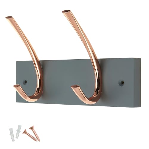 keypak Porte-manteau à 2 crochets – Cuivre poli sur planche grise – 23 cm de large – Support mural en bois pour chapeaux, manteaux, entrée et salle de bain