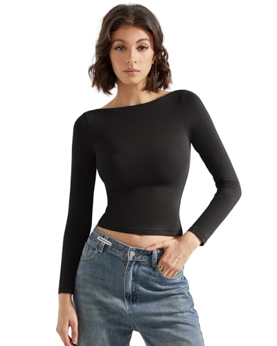 SUUKSESS Women Crew Neck Long Sleeve T Shirts Double Lined Tight Fitted Crop Top3
