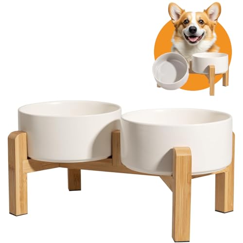 SPNOR Elevated Ceramic Dog Bowl Set - Raised Dog Bowls with Non-Slip Bamboo Stand - Dog Food and Water Bowl Set - Double Dog Feeding Bowls - Suitable for Small and Medium Dogs -850ml