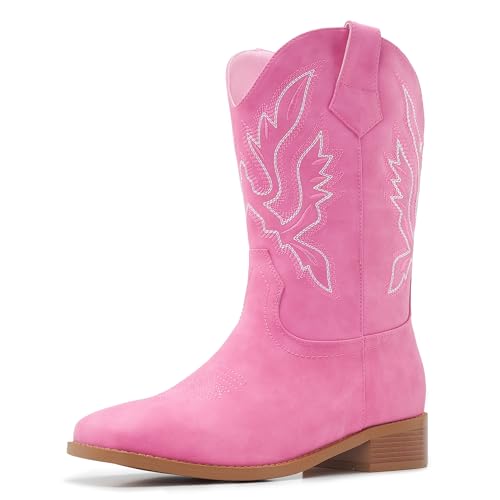 Cowgirl Boots Square Toe Cowboy Boots For Women Ladies Mid Calf Low Heel Flat