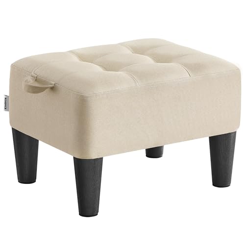SONGMICS Fußhocker Leinenimitat Hocker klein Dicke Polsterung bis 150 kg belastbar für Wohnzimmer Schlafzimmer Eingangsbereich sandbeige-tintenschwarz LOM502LF01