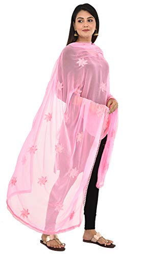 Image of YOUTHQUAKE Flower Embroidered Diamond Work Chiffon Dupatta for Womens & Girls With 4 Side Lace