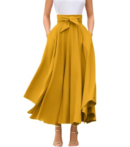 chouyatou Women's Elegant High Waisted Side Slit Irregular Bohemian Maxi Skirt with Pockets (Medium, Yellow)