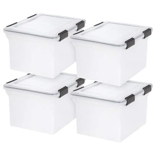IRIS USA 32 Qt. WEATHERPRO Letter Size Portable File Box, 4 Pack, Plastic Storage Container with Durable Lid and Seal and Secure Latching Buckles, Weathertight, Clear with Black Buckles