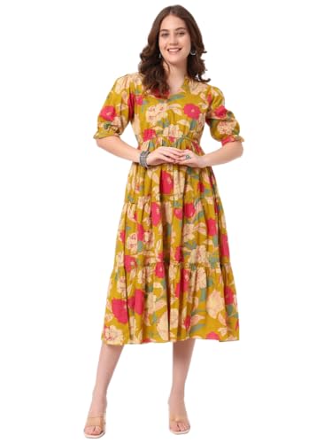 Image of PIDAVLIYA'S Women's Floral Summer Maxi Dress I Cotton Printed I One Piece Bodycon Midi Dress with V-Neck, Puffed Sleeves