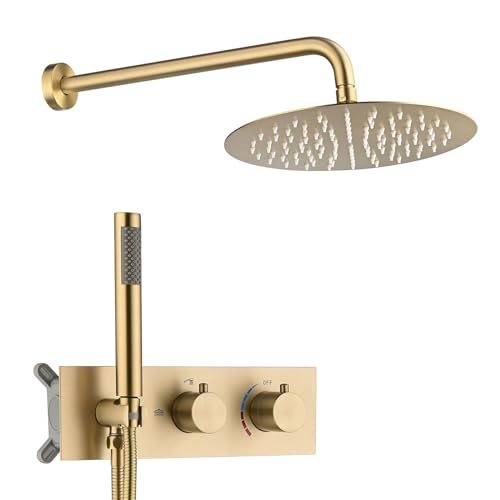 BEITH Colonne de Douche Encastrée, Or Brossé Ensemble de Douche, 10inch/255mm Systèmes de Douche, Pomme de Douche Rotative Ronde en Acier Inoxydable 304, Corps en Laiton, Autonettoyant
