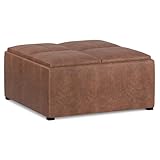 SIMPLIHOME Avalon 35 inch Wide Contemporary Square Coffee Table Storage Ottoman in Distressed Umber Brown Vegan Faux Leather, Assembled, For the Living Room and Bedroom