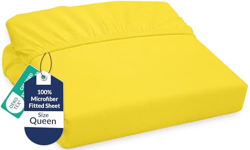 Image of Royale Linens Fitted Sheet Queen - Ultra Soft 1800 Brushed Microfiber - Hotel Luxury Bottom Sheets - Wrinkle Free & Fade Resistant - Deep Pocket Fitted Sheet Only (Queen, Yellow)