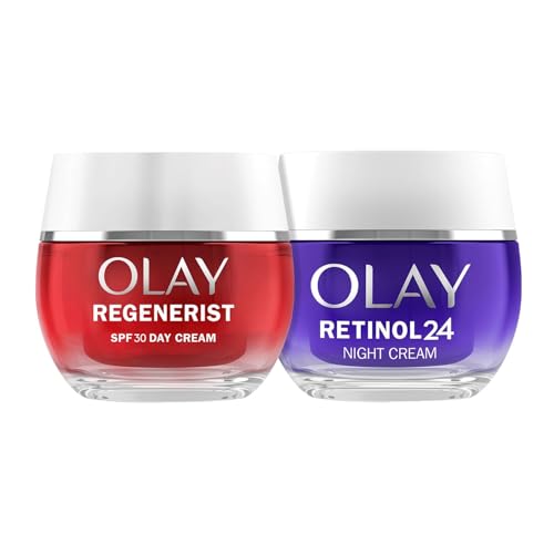 Olay Regenerist Creme facial de dia SPF30 50 ml e Olay Retinol24 creme noturno 50 ml. Pacote de 2 cremes hidratantes anti-rugas. Couro mais firme e suave