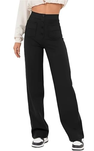 ZAbina Women's Casual High Waist Stretch Pants Wide Flexi Pants Multiple Pockets Straight Leg Pants(Black,XL)