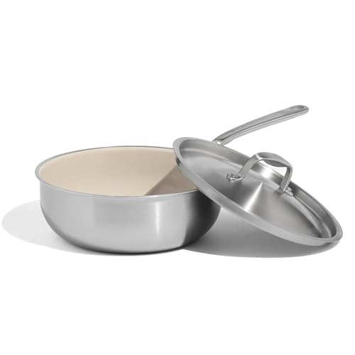 Image of Made In Cookware - 3 QT CeramiClad Non Stick Saucier with Lid (Stainless Handle)- 5-Ply Stainless Clad with Stay-Cool Handle - Professional Cookware - Crafted in Italy - Induction Compatible