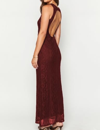 Image of Elegant Lace Floral V Neck Backless Bodycon Dresses for Women Sexy Cut Out Low Back Sleeveless Maxi Dress Wedding Guest