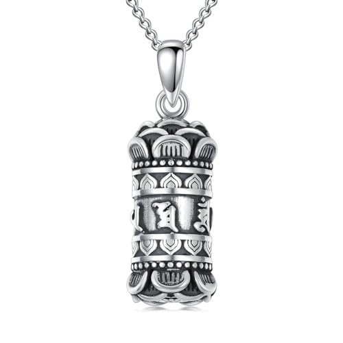 PELOVNY Tibetan Buddhism Meditation Urn Necklace S925 Sterling Silver Cremation Jewelry for Ashes Cylinder Container Necklaces 22+2 Inch Chain