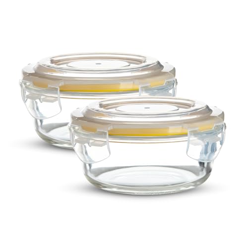 Image of BERGNER Borosilicate Glass Side Lock Round Storage Container for Kitchen with Air-Tight and Leakproof Lid, BPA Free, Microwave and Oven Safe, Removable Silicone Yellow Gasket, 400 ml each (Set of 2)