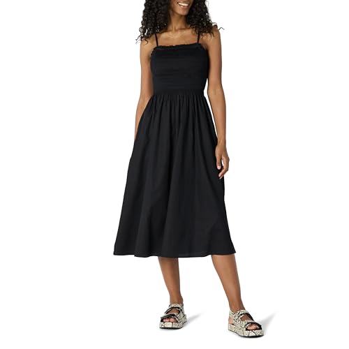 Amazon Essentials Women's Regular-Fit Cotton Sateen Smocked Bodice Midi Dress, Black, Small