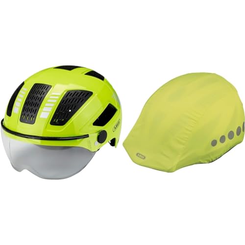 ABUS Stadthelm Hyban 2.0 ACE - Fahrradhelm & Regenkappe für Helme - Regenschutz mit dekorativen Reflektoren und Gummizug - wasserabweisend – Gelb