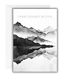 WBdesignz Beileidskarte „Unsere Gedanken bei euch mit weißem Umschlag – Trauerkarte mit Bergmotiv – Beerdigung– Stilvolle Kondolenzkarte für Mitgefühl, Anteilnahme, Trost & Erinnerung (DIN A6)