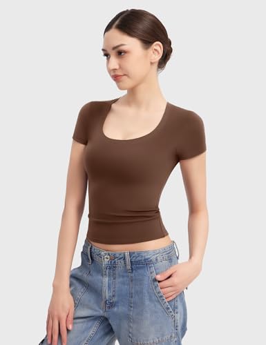 PUMIEY Women's Scoop Neck Short Sleeve T Shirt Slim Fit Sexy Tops Smoke Cloud Collection