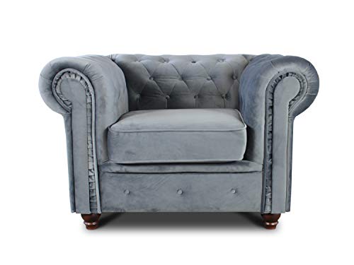 Sofnet Sessel Chesterfield Asti - Couch, Couchgarnitur, Couchsessel, Loungesessel, Stühl, Holzfüße - Glamour Design, Velours (Grau (Velvet 10))