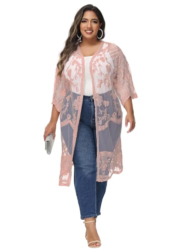 Image of Anna-Kaci Women's Plus Size Lace Cardigan Embroidered Long Kimono Dusters with Half Sleeves