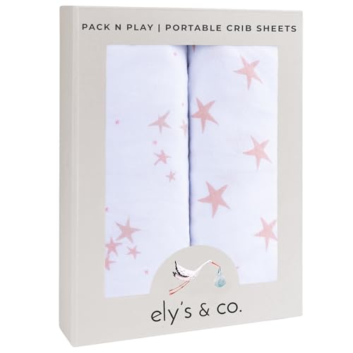 Image of Pack n Play Playard Sheet - Mini Crib Sheet 100% Jersey Cotton 2 Pack for Baby Girl-Dusty Rose and Mauve Pink Stars