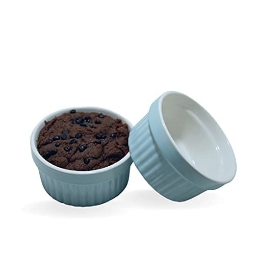Bamby | Ceramic Ramekin Bowls Set of 6 - 200ml, White & Blue - Oven, Microwave & Dishwasher Safe - Ideal for Baking, Soufflé, Crème Brûlée, Dips, and Desserts (White & Blue) 4