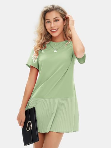 Image of EXLURA Womens Summer Casual Short Sleeve Dress Crewneck Tshirt Dresses Pleated Aline Mini Dress 2025 Vacation Beach Sundress