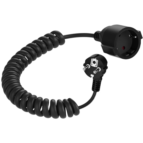 Schutzkontakt Spiralkabel, 0,8 m auf 2 m Spiralverl&auml;ngerung (230V/16A), Spiralkabel mit Schuko-Stecker und Kupplung, IP20, Schwarz