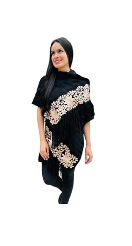 La Santa Art Mx Rebozo Mexicano Bordado Floral. Mexican embroidered shawl. handmade rebozo made from a loom. Mexican handmade floral embroidered rebozo, Christmas gift (Black/gold)