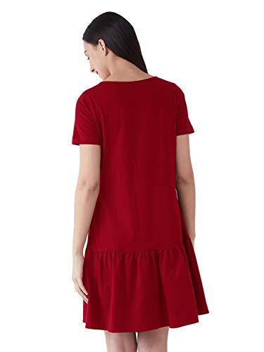 Image of Miss Chase Women's Maroon Round Neck Short Sleeve Solid Comfortable Regular Length Dress with Pockets