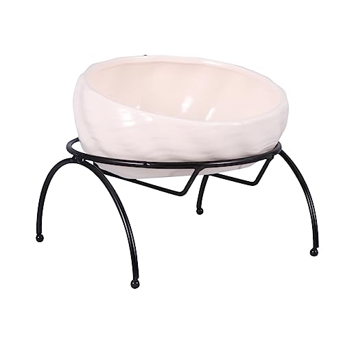 Happyyami 1 Set Pet Feeder Pale Pink Ceramic Food Bowl with Iron Frame Rack for Dogs Cats Non Slip Design Easy to Clean Height for Comfortable Eating Drinking