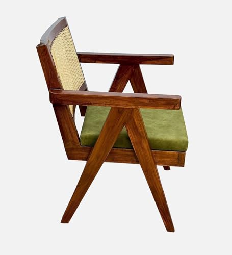 Image of Sainistree Furniture Solid Sheesham Wood Rattan Armchair - Teak Brown Cane Back Chair with Green Upholstery - Elegant Wooden Chair for Living Room, Bedroom, Dining, Indoor & Outdoor Furniture