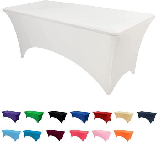 RAYNEAY 6FT Stretch Tablecloth for Craft, White Spandex Stretch Table Cloth, Washable and Wrinkle Resistant Market Stall Table Cover for Banquet Folding Table Event Wedding