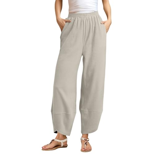 Straight Leg Linen Pants Women Elastic Waist Wide Leg Cropped Pants Lightweight Casual Barrel Sweatpants with Pockets