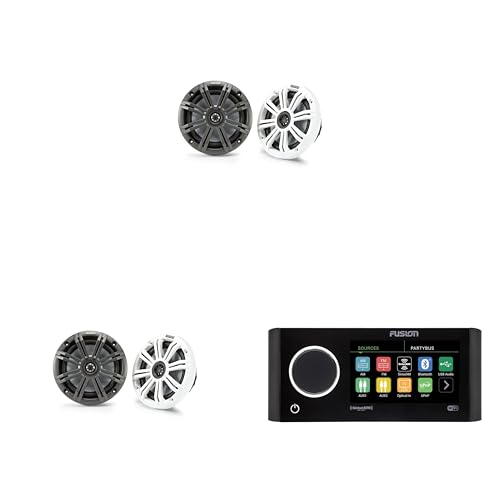 Kicker (2 Pair) KM65 6.5-Inch (165mm) Marine Coaxial Speakers with 3/4-Inch (20mm) Tweeters, 4-Ohm, Charcoal and White Grilles, Bundled with MS-RA770 Apollo Marine Receiver