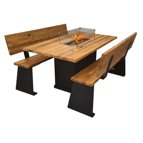 Kamintisch Set aus Massivholz Eiche – Gasbetriebener Feuertisch mit 2...