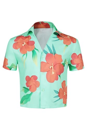 Mens Boys Anime Cosplay Costume Shirt Mens Short Sleeve Button Top (Men Green Large)