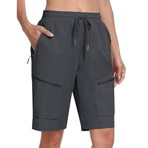MoFiz Womens 10″ Long Shorts for Women Knee Length Quick Dry Women Hiking Cargo Shorts Athletic Travel Golf with Zip Pockets