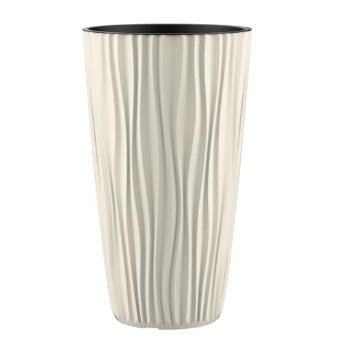 Engelland Pflanzkübel mit Einsatz, Blumentopf mit Wasserspeicher & 3D Struktur, hoch & rund, modern & frostfest, robust & langlebig, für Innen & Außen, Kunststoff, Ø 28 x H 49 cm, Beige