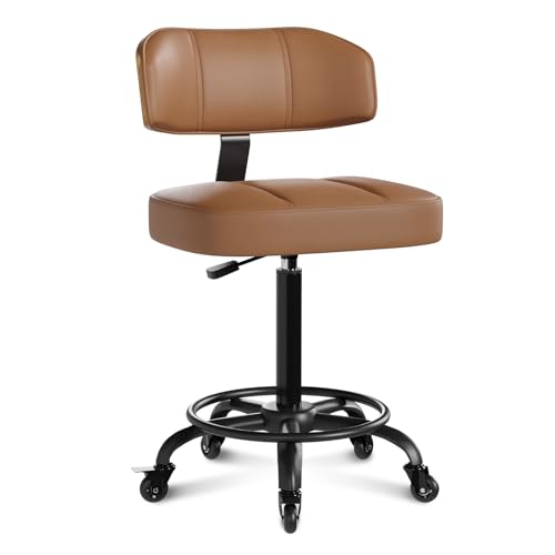 BERYTH Drafting Chair with Lockable Wheels, Tall Chair Adjustable Stool with Curved Walnut Backrest and Footrest Ring, PU Leather Ergonomic Rolling Chair 300LBS Capacity for Office Workstation(Brown)