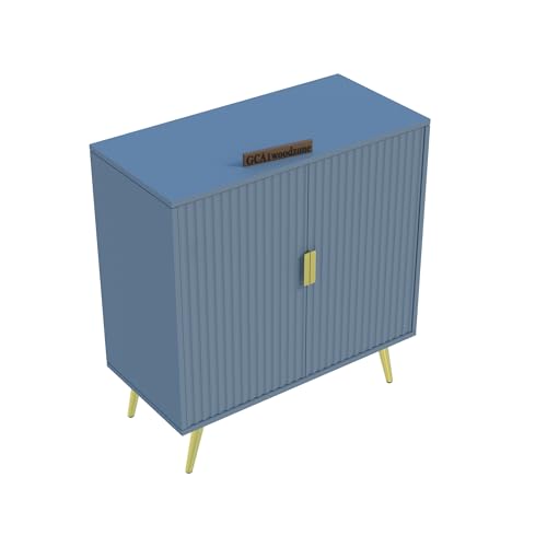 Image of Wooden Fluted Design Storage Cabinet with 2 Doors | Modern Sideboard Cabinet for Living Room, Bedroom & Entryway | Multipurpose Organizer Cupboard | HDMR Premium Wood | Gold Metal Legs (Aqua Blue)